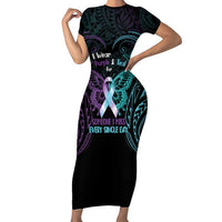Suicide Awareness Memorial Family Matching Short Sleeve Bodycon Dress and Hawaiian Shirt I Wear Purple and Teal For Someone I Miss LT14 Mom's Dress Black - Polynesian Pride