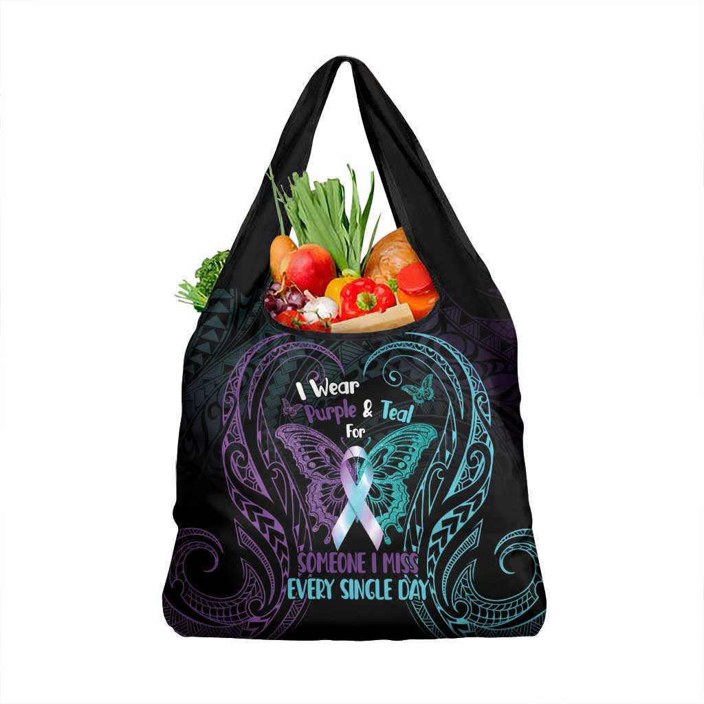 Suicide Awareness Memorial Grocery Bag I Wear Purple and Teal For Someone I Miss LT14 1-pack One Size Black - Polynesian Pride