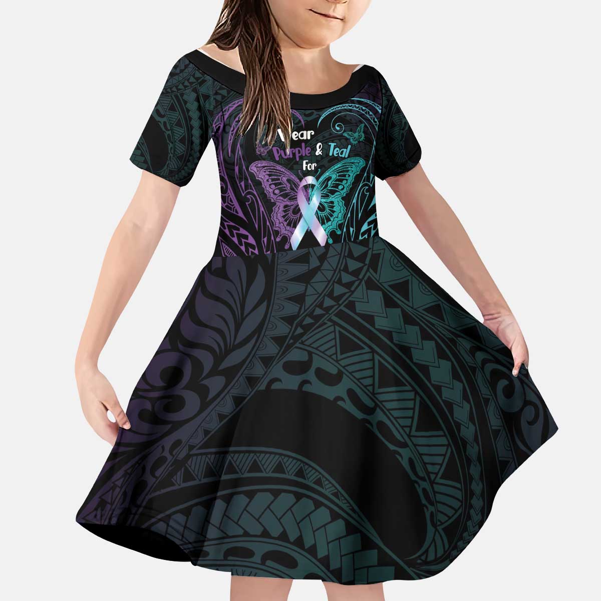 Suicide Awareness Memorial Kid Short Sleeve Dress I Wear Purple and Teal For Someone I Miss LT14 KID Black - Polynesian Pride