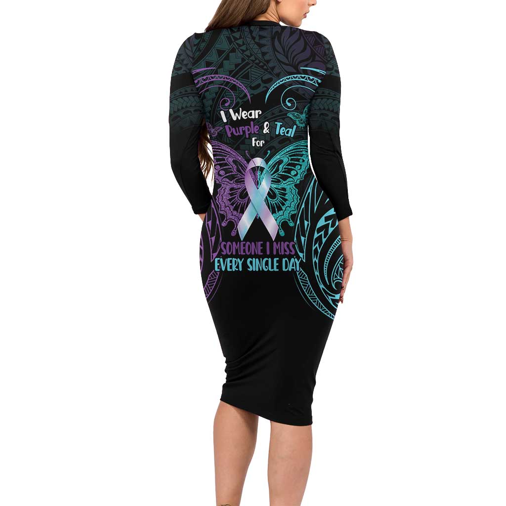 Suicide Awareness Memorial Long Sleeve Bodycon Dress I Wear Purple and Teal For Someone I Miss LT14 - Polynesian Pride