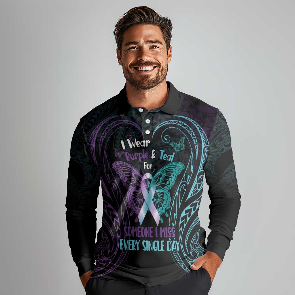 Suicide Awareness Memorial Long Sleeve Polo Shirt I Wear Purple and Teal For Someone I Miss LT14 - Polynesian Pride