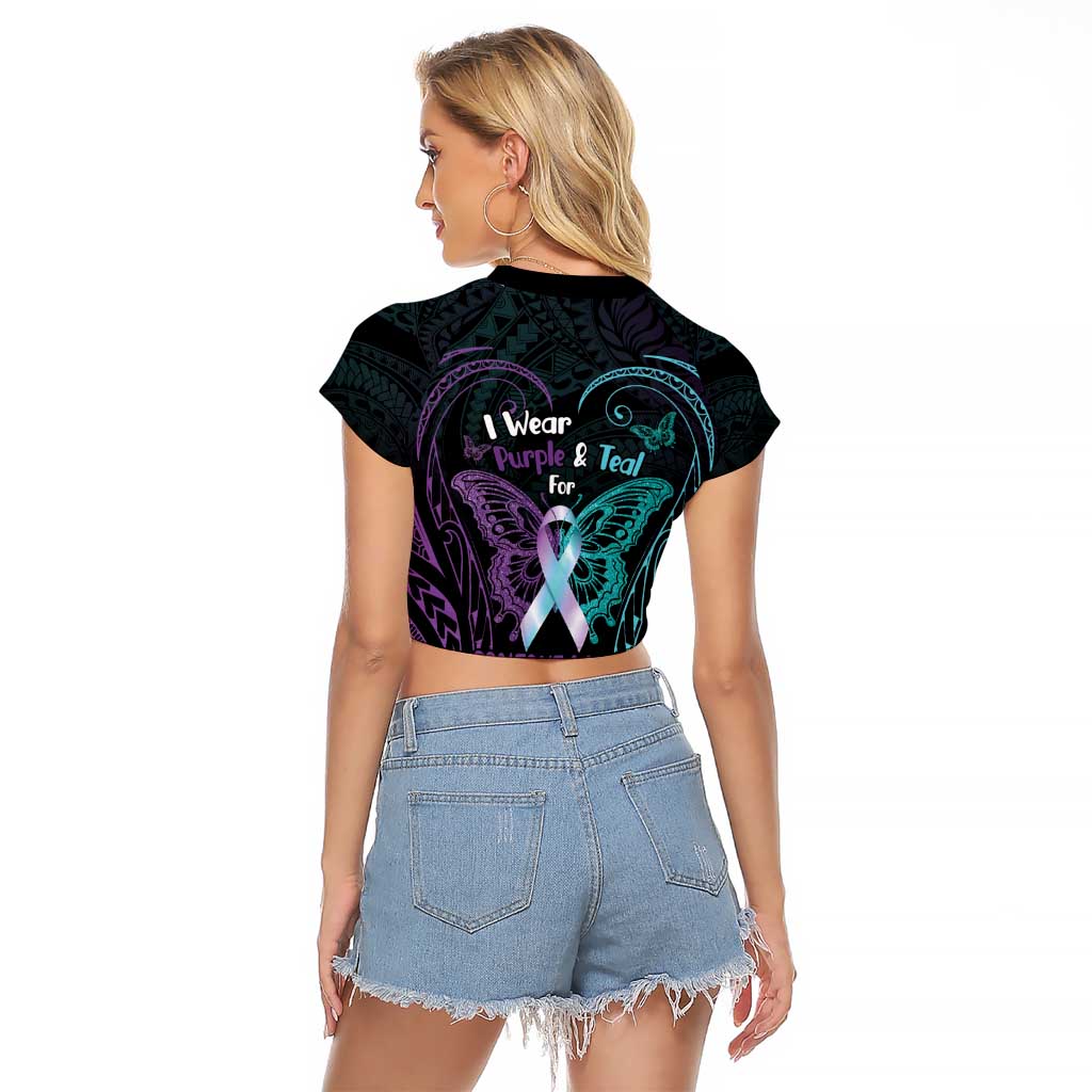Suicide Awareness Memorial Raglan Cropped T Shirt I Wear Purple and Teal For Someone I Miss - Polynesian Pride