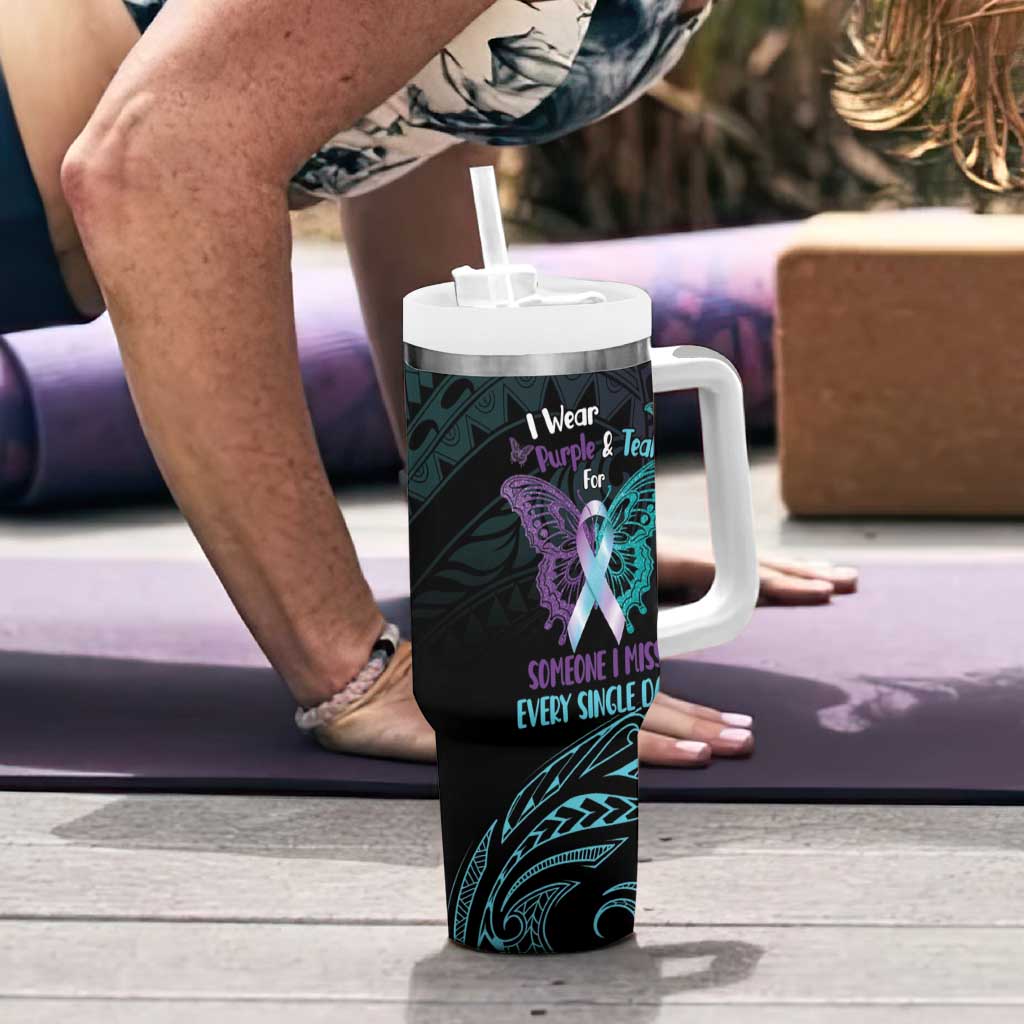 Suicide Awareness Memorial Tumbler With Handle I Wear Purple and Teal For Someone I Miss - Polynesian Pride