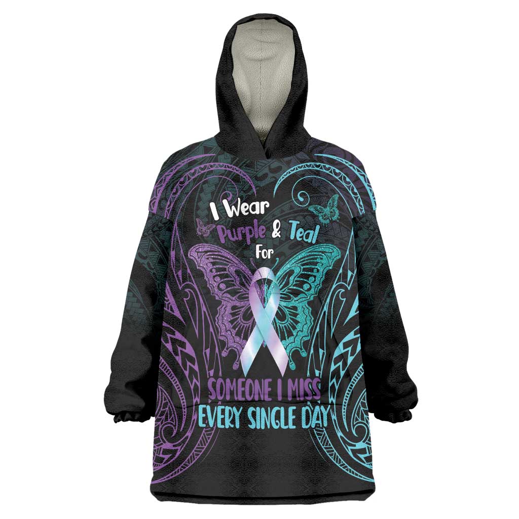 Suicide Awareness Memorial Wearable Blanket Hoodie I Wear Purple and Teal For Someone I Miss LT14 One Size Black - Polynesian Pride