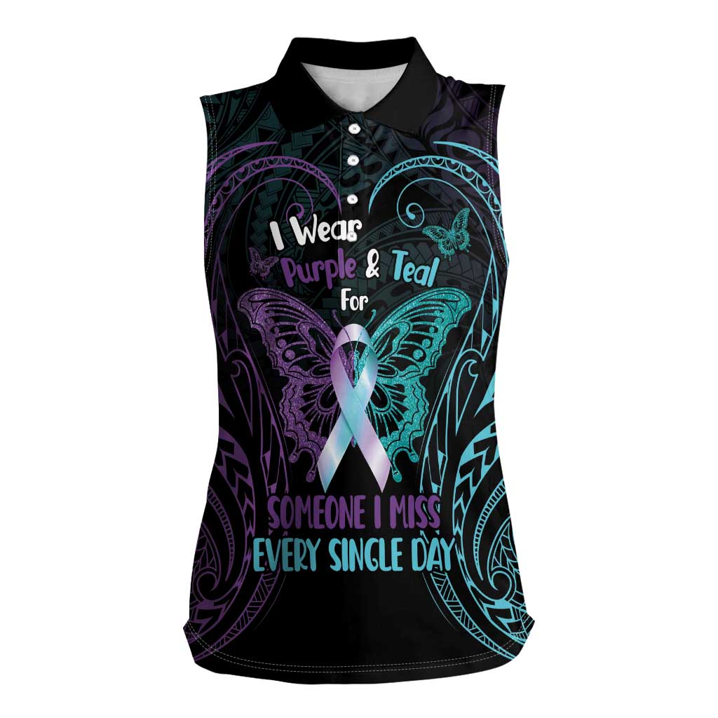Suicide Awareness Memorial Women Sleeveless Polo Shirt I Wear Purple and Teal For Someone I Miss LT14 Female Black - Polynesian Pride
