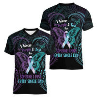 Suicide Awareness Memorial Women V-Neck T-Shirt I Wear Purple and Teal For Someone I Miss LT14 - Polynesian Pride