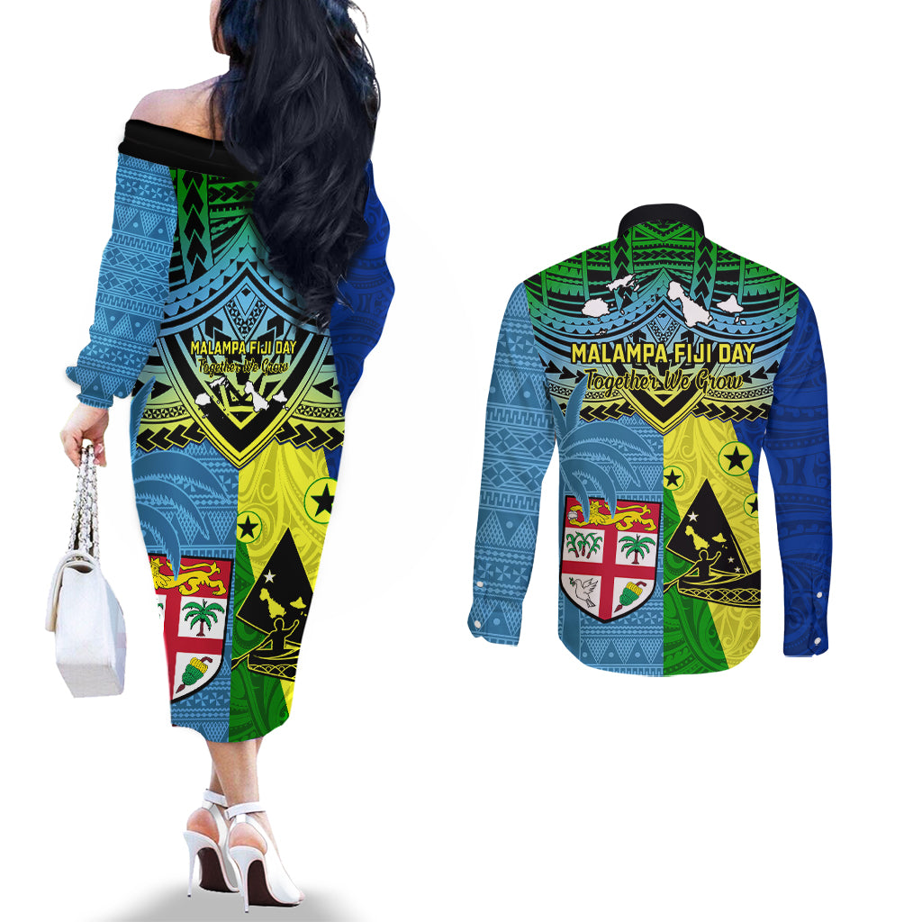 Malampa Fiji Day Couples Matching Off The Shoulder Long Sleeve Dress and Long Sleeve Button Shirts Together We Grow Proud Polynesian Tapa Artsy LT14 - Polynesian Pride