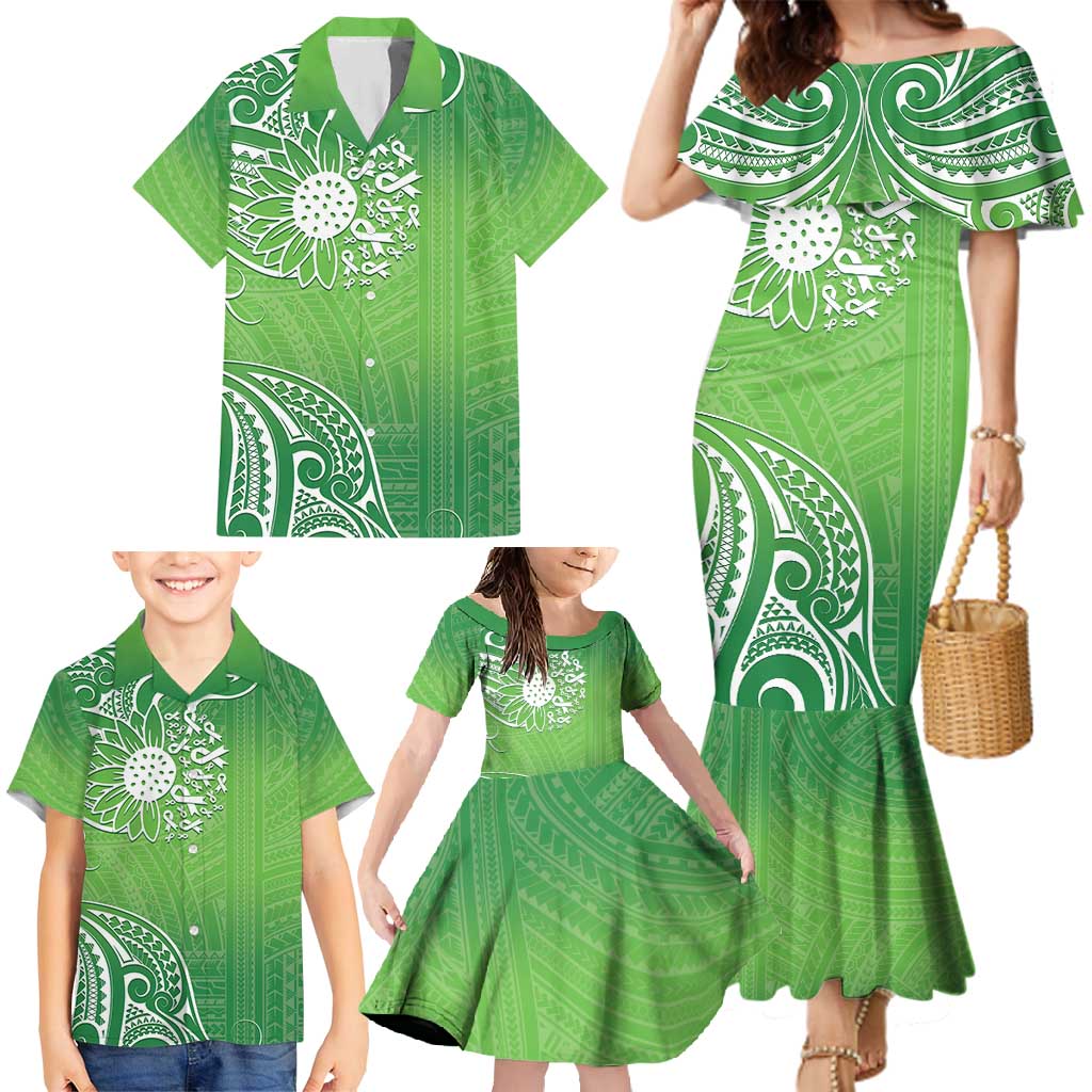 Polynesia Depression Awareness Family Matching Mermaid Dress and Hawaiian Shirt Sunflower Green Ribbons Polynesian Tattoo LT14 - Polynesian Pride