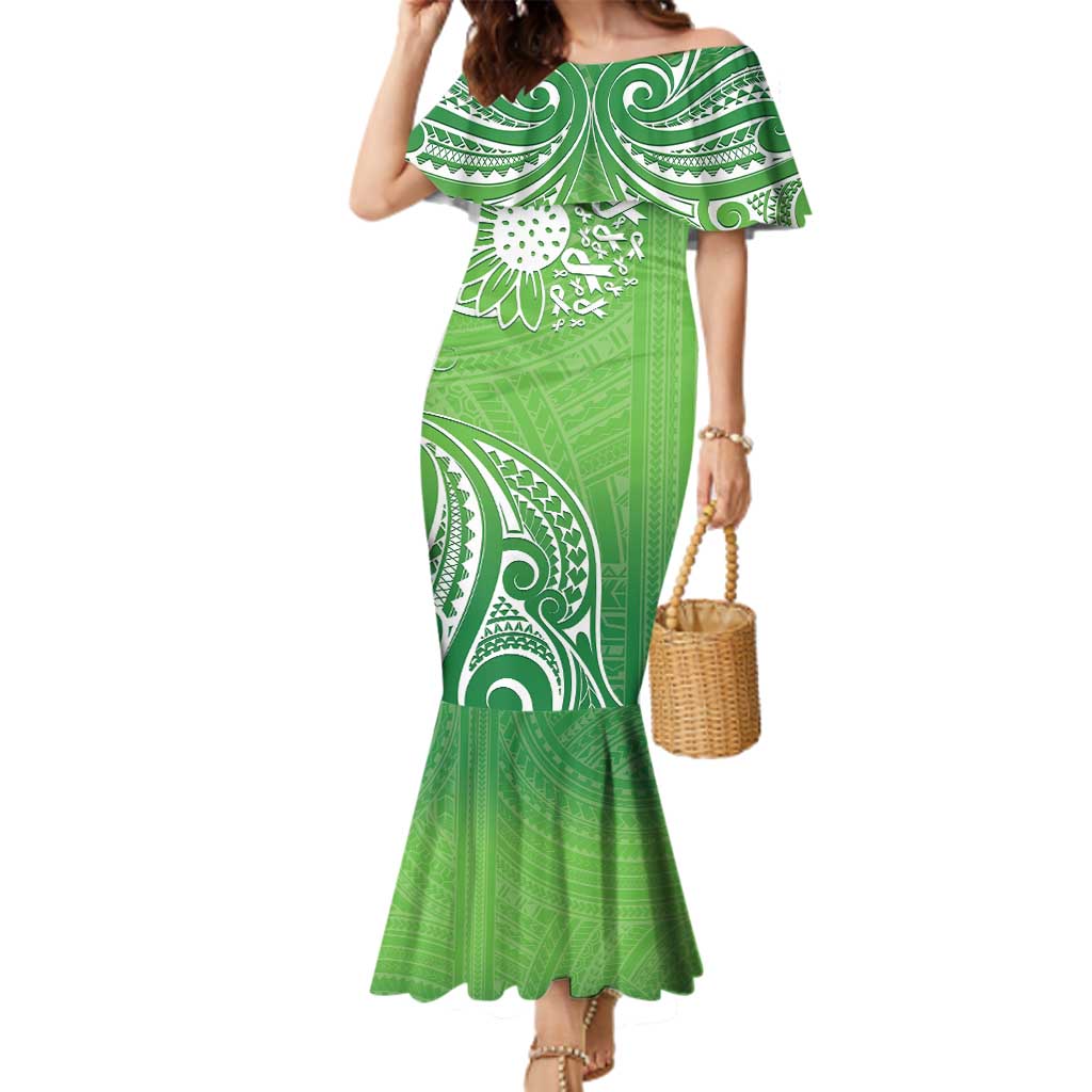 Polynesia Depression Awareness Family Matching Mermaid Dress and Hawaiian Shirt Sunflower Green Ribbons Polynesian Tattoo LT14 Mom's Dress Green - Polynesian Pride