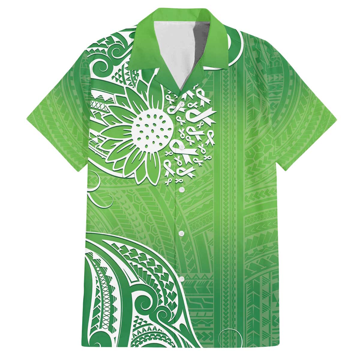 Polynesia Depression Awareness Family Matching Off The Shoulder Long Sleeve Dress and Hawaiian Shirt Sunflower Green Ribbons Polynesian Tattoo LT14 Dad's Shirt - Short Sleeve Green - Polynesian Pride