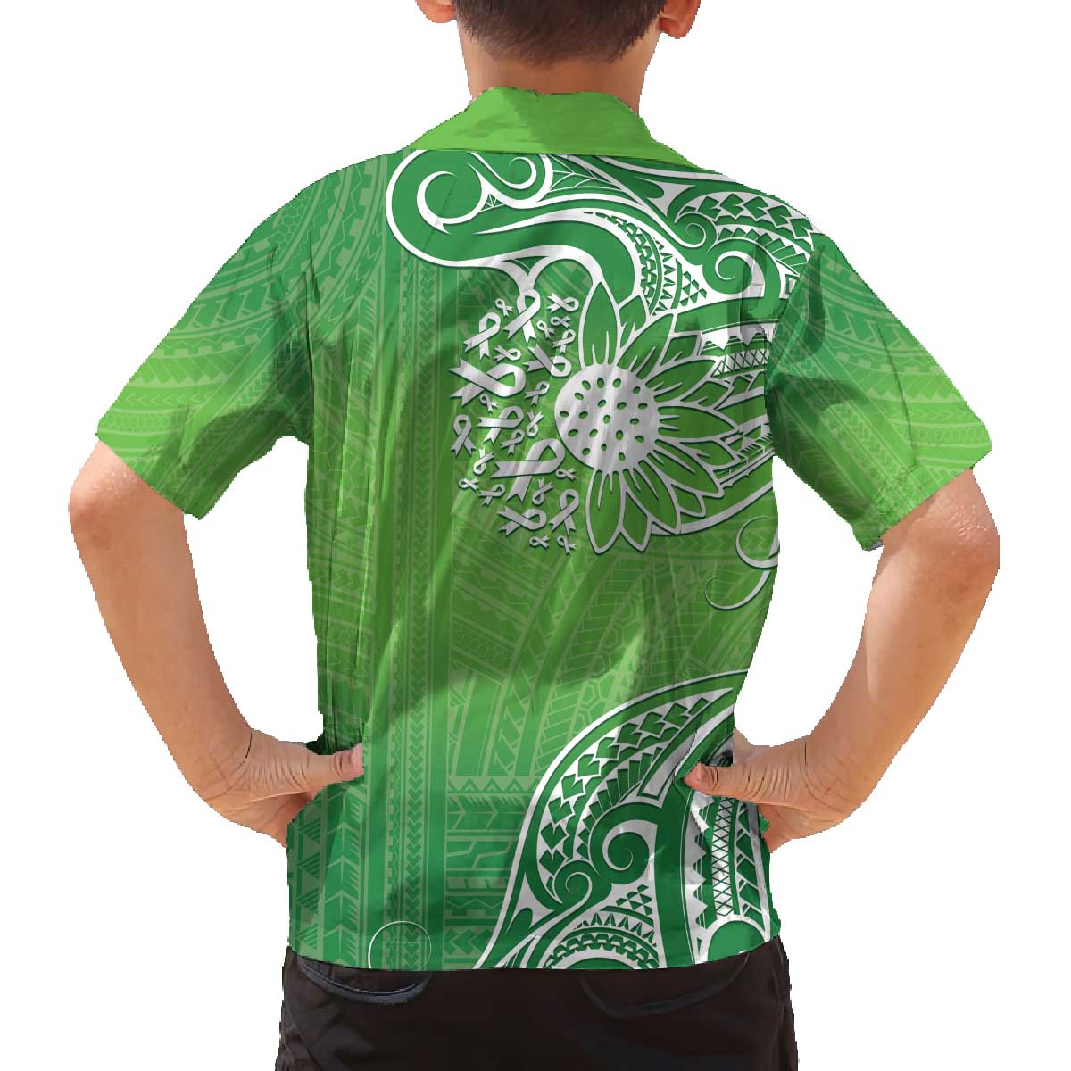 Polynesia Depression Awareness Family Matching Off Shoulder Short Dress and Hawaiian Shirt Sunflower Green Ribbons Polynesian Tattoo LT14 - Polynesian Pride