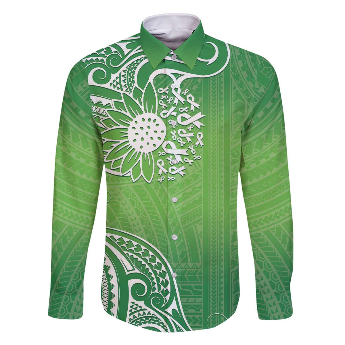 Polynesia Depression Awareness Family Matching Off Shoulder Short Dress and Hawaiian Shirt Sunflower Green Ribbons Polynesian Tattoo LT14 Dad's Shirt - Long Sleeve Green - Polynesian Pride