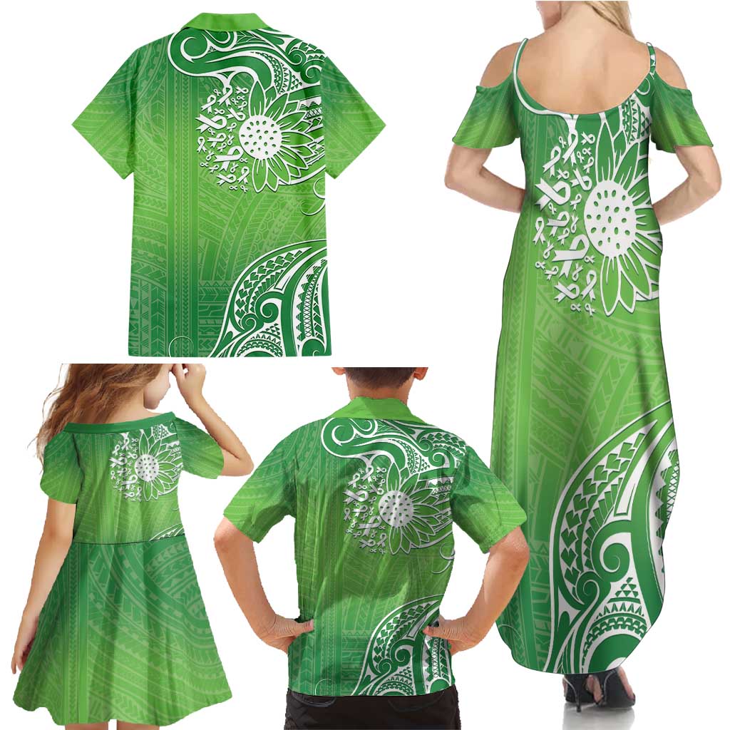 Polynesia Depression Awareness Family Matching Summer Maxi Dress and Hawaiian Shirt Sunflower Green Ribbons Polynesian Tattoo LT14 - Polynesian Pride