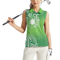 Polynesia Depression Awareness Women Sleeveless Polo Shirt Sunflower Green Ribbons Polynesian Tattoo