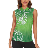 Polynesia Depression Awareness Women Sleeveless Polo Shirt Sunflower Green Ribbons Polynesian Tattoo