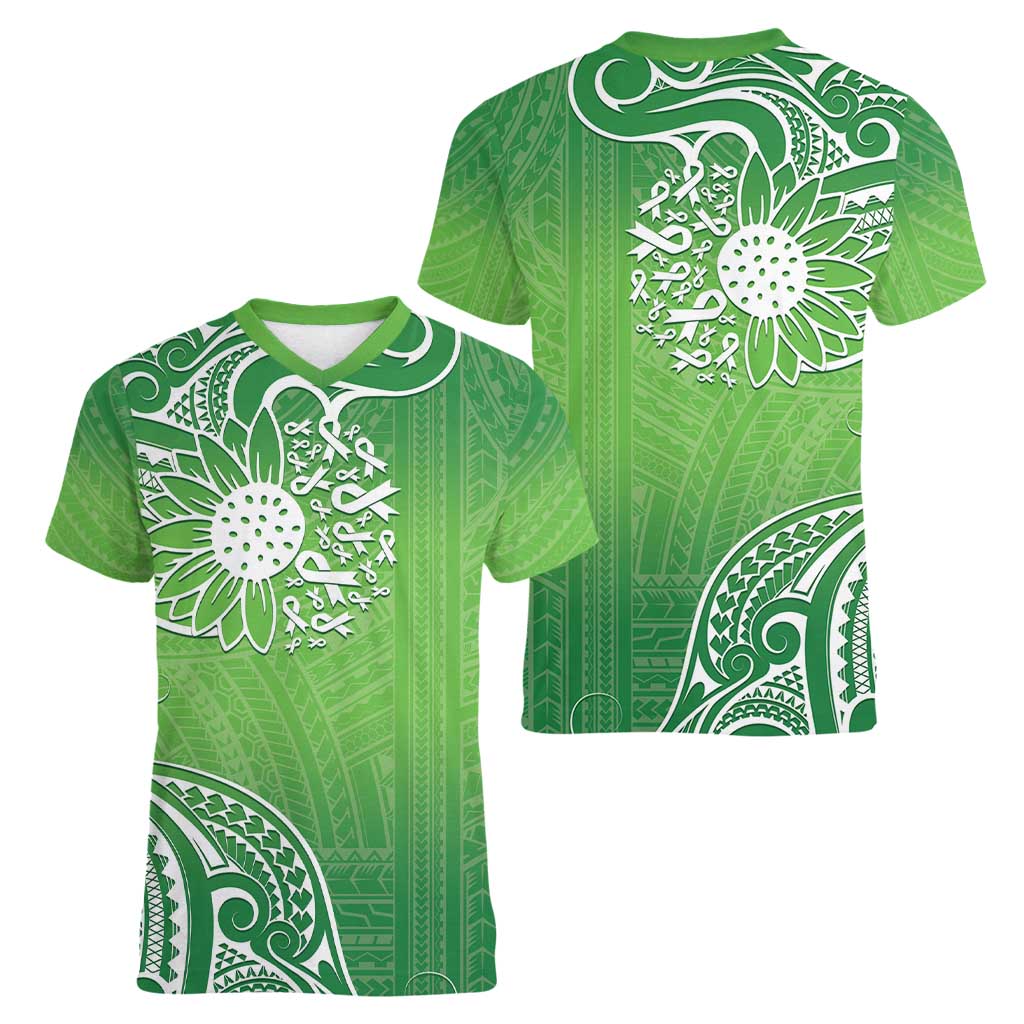 Polynesia Depression Awareness Women V-Neck T-Shirt Sunflower Green Ribbons Polynesian Tattoo