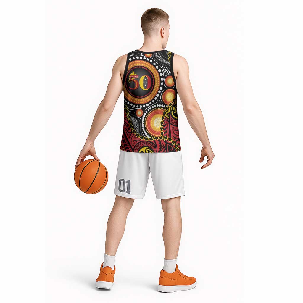 Celebrating 50 Years Papua New Guinea Basketball Jersey Aboriginal Mix Papuan Pattern - Polynesian Pride