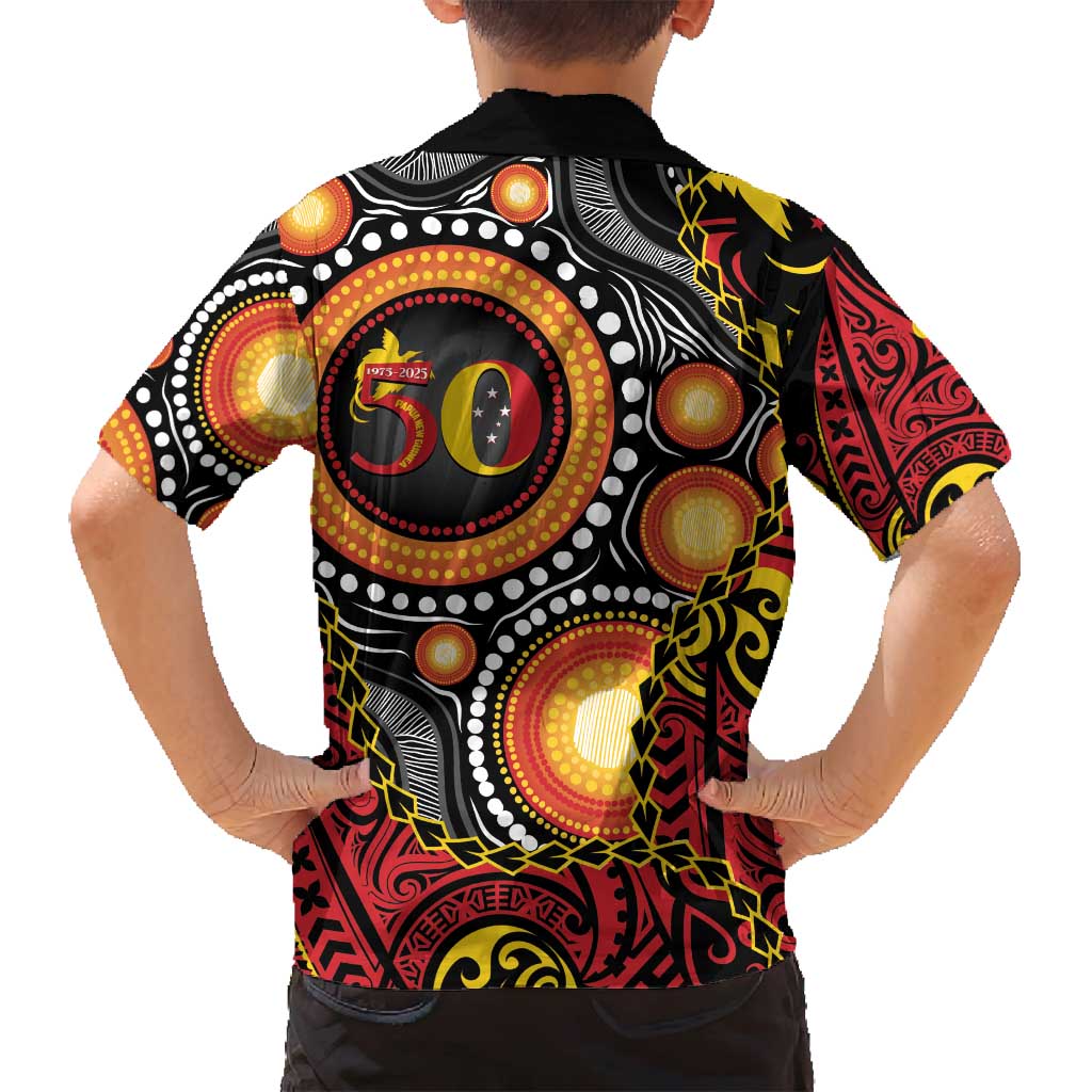 Celebrating 50 Years Papua New Guinea Family Matching Long Sleeve Bodycon Dress and Hawaiian Shirt Aboriginal Mix Papuan Pattern LT14 - Polynesian Pride