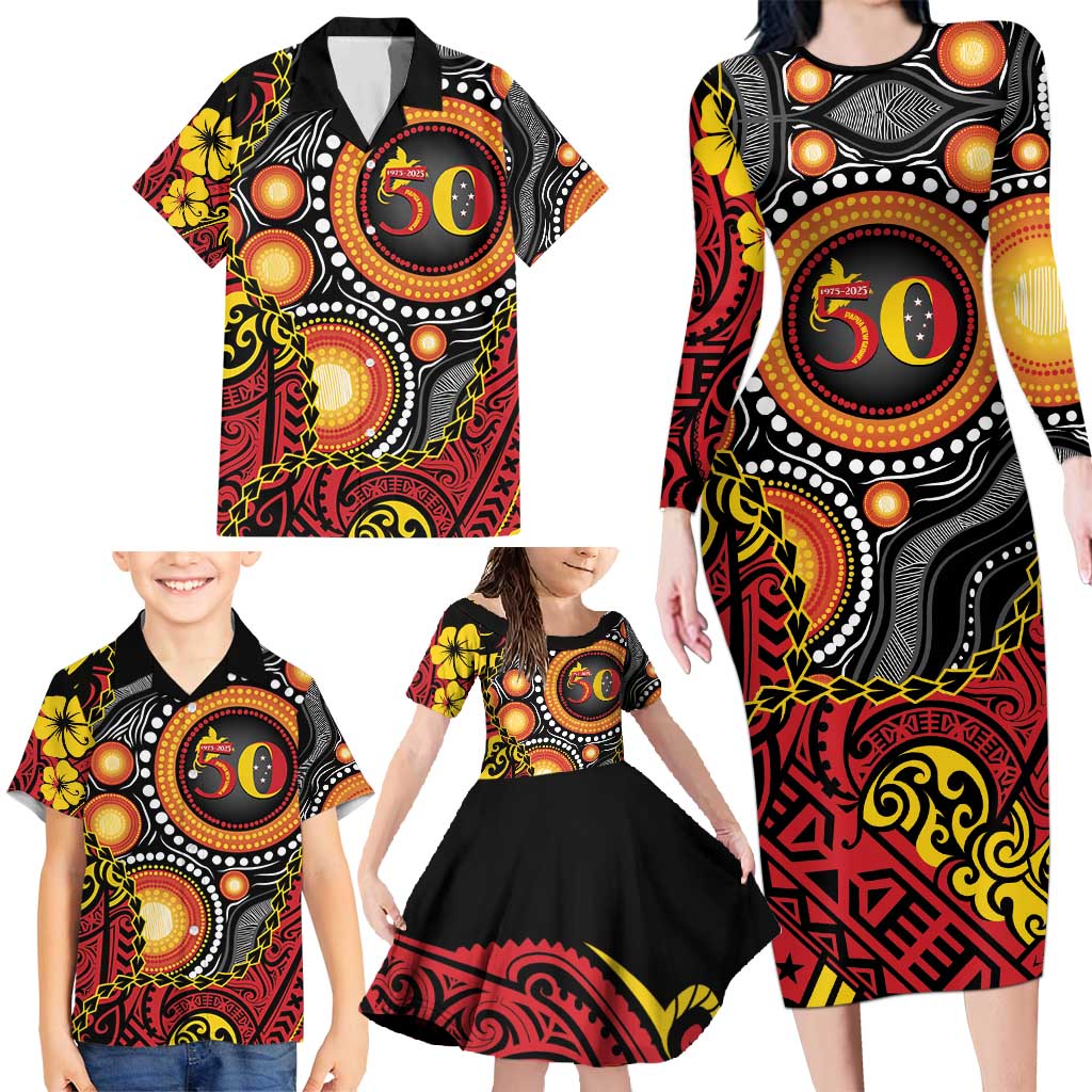 Celebrating 50 Years Papua New Guinea Family Matching Long Sleeve Bodycon Dress and Hawaiian Shirt Aboriginal Mix Papuan Pattern LT14 - Polynesian Pride