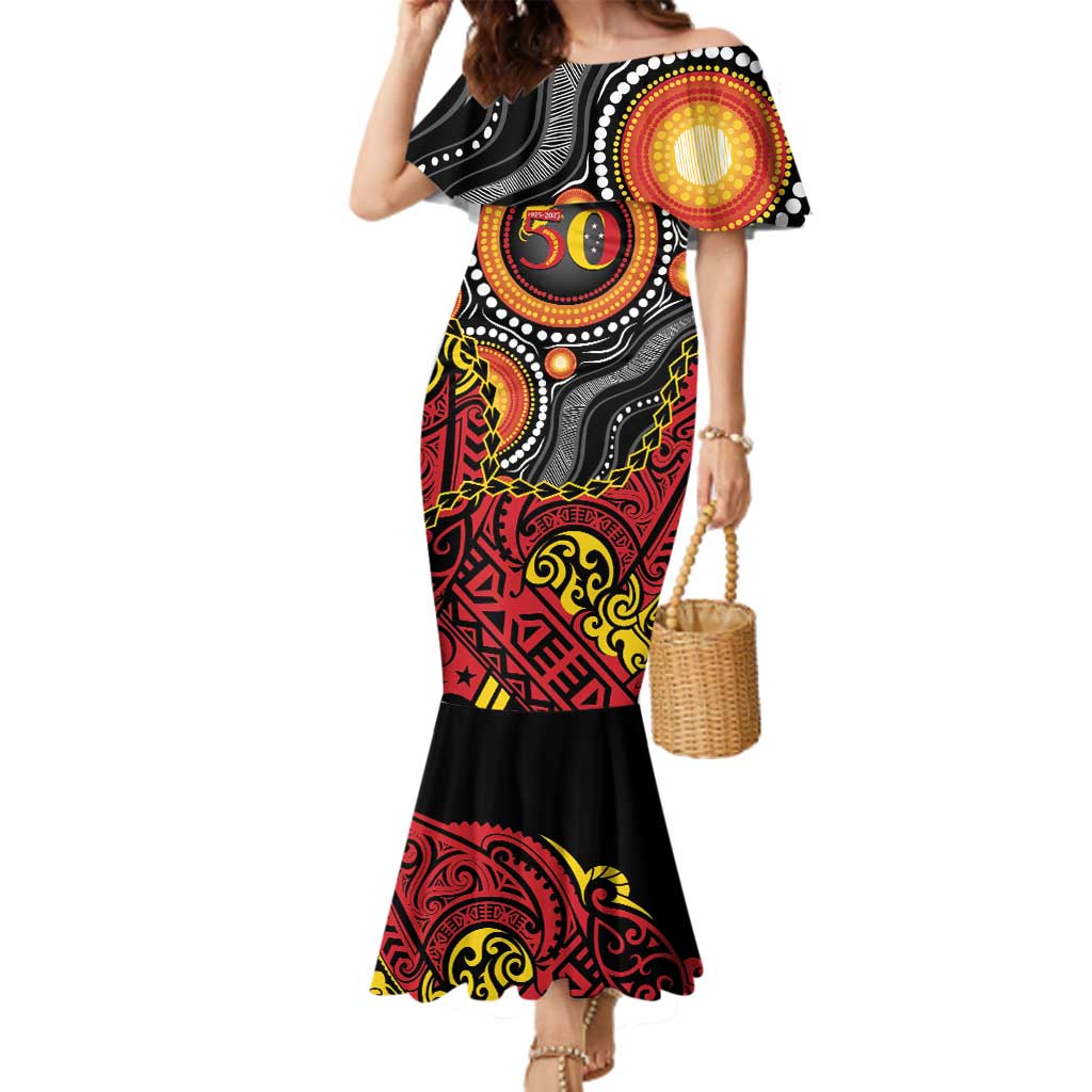 Celebrating 50 Years Papua New Guinea Family Matching Mermaid Dress and Hawaiian Shirt Aboriginal Mix Papuan Pattern LT14 Mom's Dress Red - Polynesian Pride