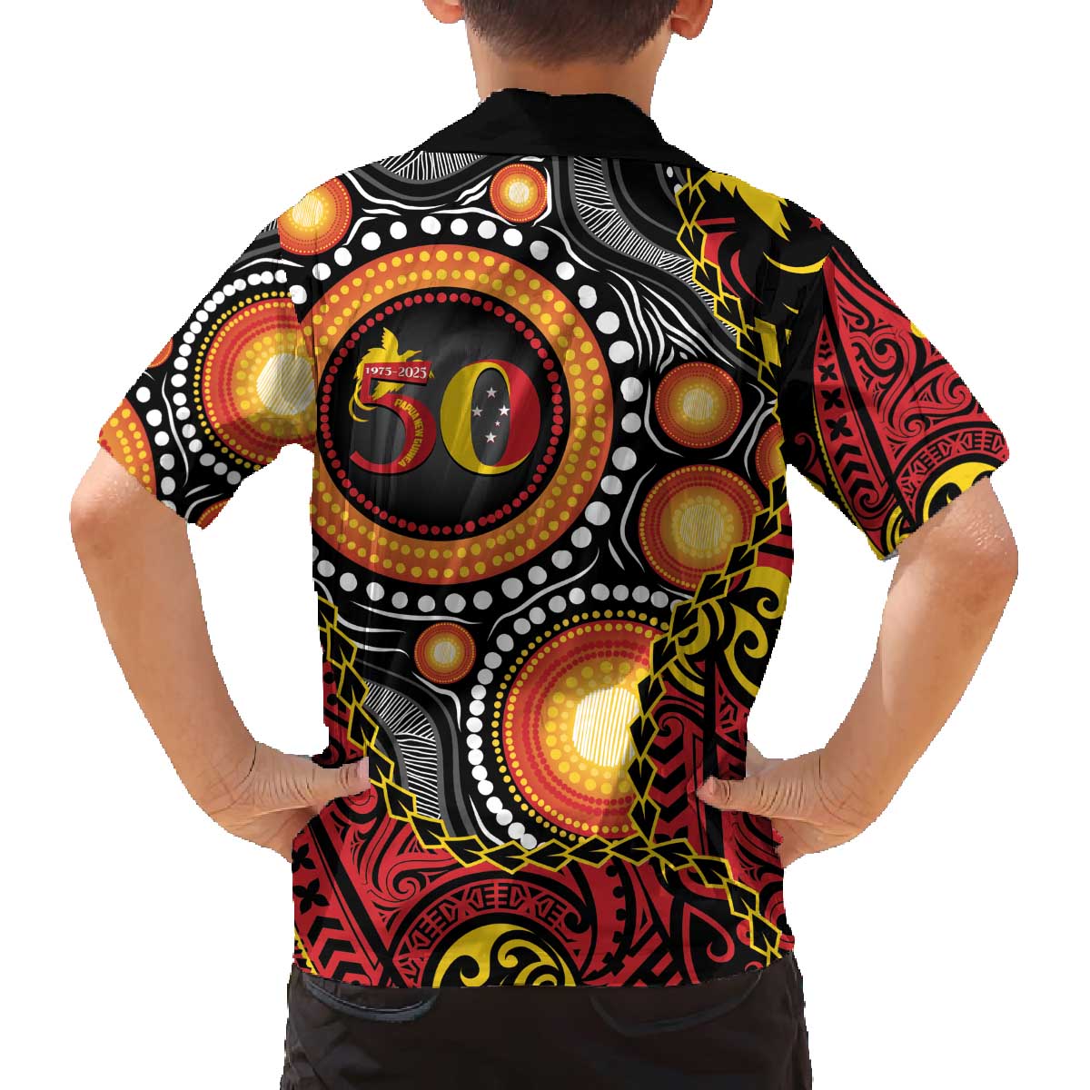 Celebrating 50 Years Papua New Guinea Family Matching Off The Shoulder Long Sleeve Dress and Hawaiian Shirt Aboriginal Mix Papuan Pattern LT14 - Polynesian Pride