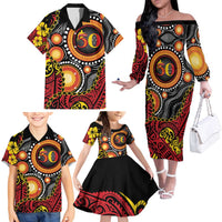 Celebrating 50 Years Papua New Guinea Family Matching Off The Shoulder Long Sleeve Dress and Hawaiian Shirt Aboriginal Mix Papuan Pattern LT14 - Polynesian Pride