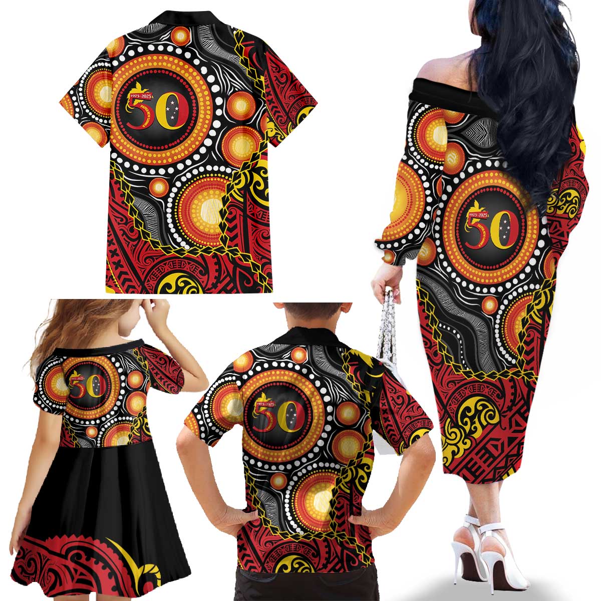 Celebrating 50 Years Papua New Guinea Family Matching Off The Shoulder Long Sleeve Dress and Hawaiian Shirt Aboriginal Mix Papuan Pattern LT14 - Polynesian Pride