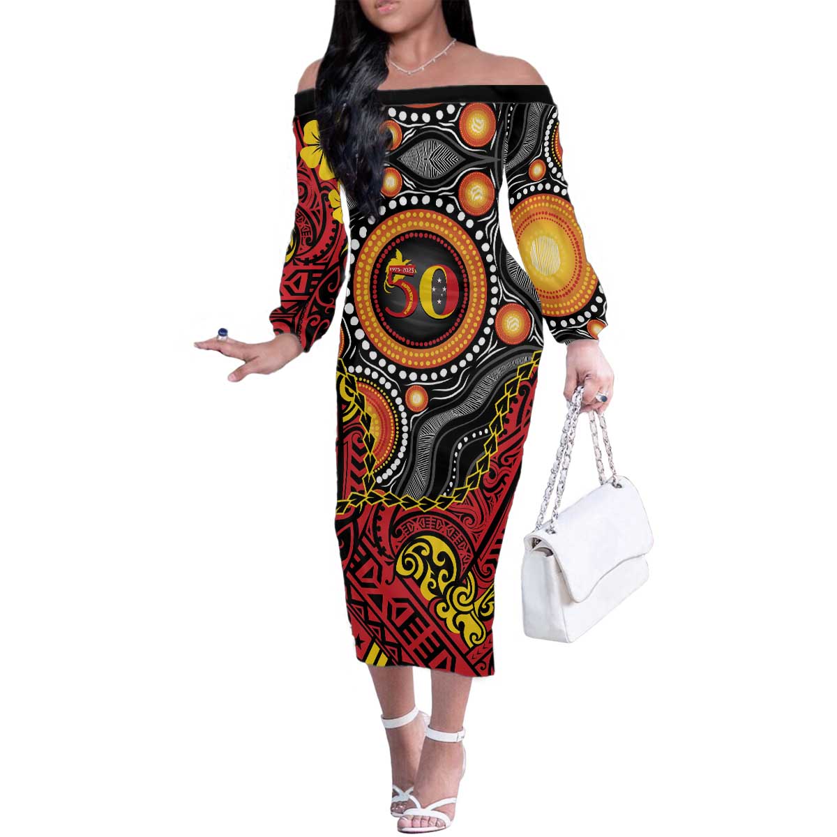 Celebrating 50 Years Papua New Guinea Family Matching Off The Shoulder Long Sleeve Dress and Hawaiian Shirt Aboriginal Mix Papuan Pattern LT14 Mom's Dress Red - Polynesian Pride
