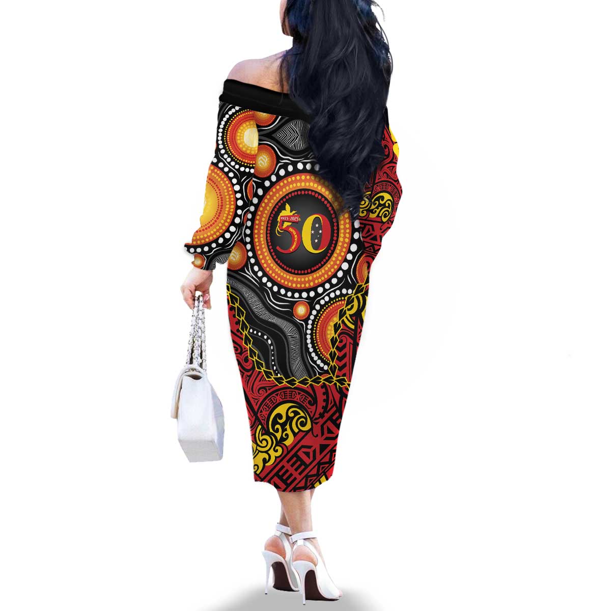 Celebrating 50 Years Papua New Guinea Family Matching Off The Shoulder Long Sleeve Dress and Hawaiian Shirt Aboriginal Mix Papuan Pattern LT14 - Polynesian Pride