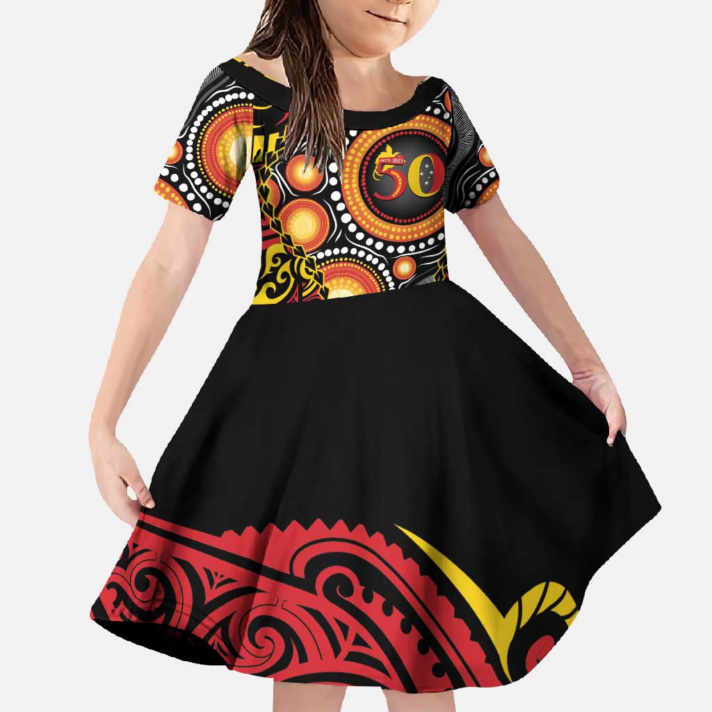 Celebrating 50 Years Papua New Guinea Family Matching Off Shoulder Maxi Dress and Hawaiian Shirt Aboriginal Mix Papuan Pattern LT14 Daughter's Dress Red - Polynesian Pride