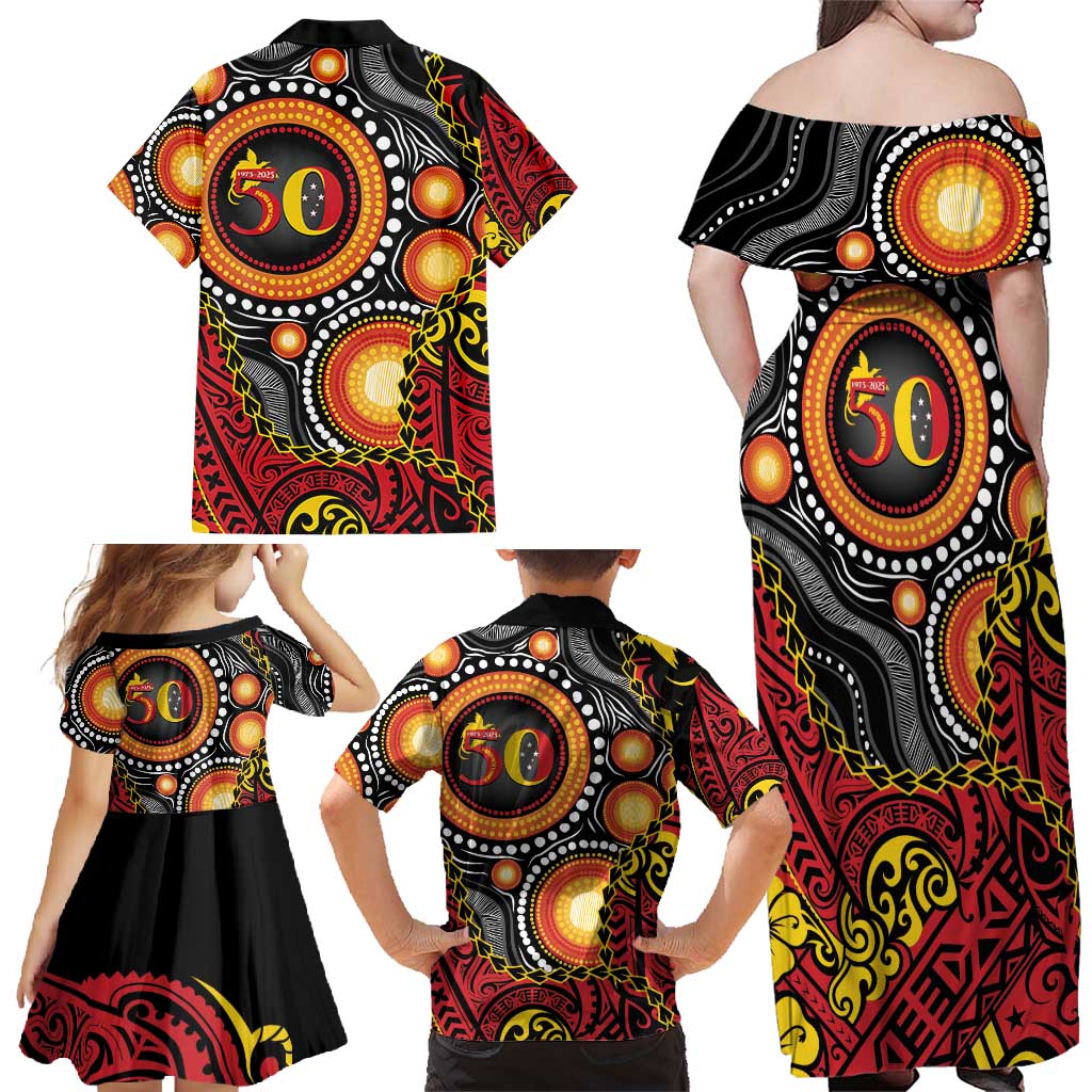 Celebrating 50 Years Papua New Guinea Family Matching Off Shoulder Maxi Dress and Hawaiian Shirt Aboriginal Mix Papuan Pattern LT14 - Polynesian Pride