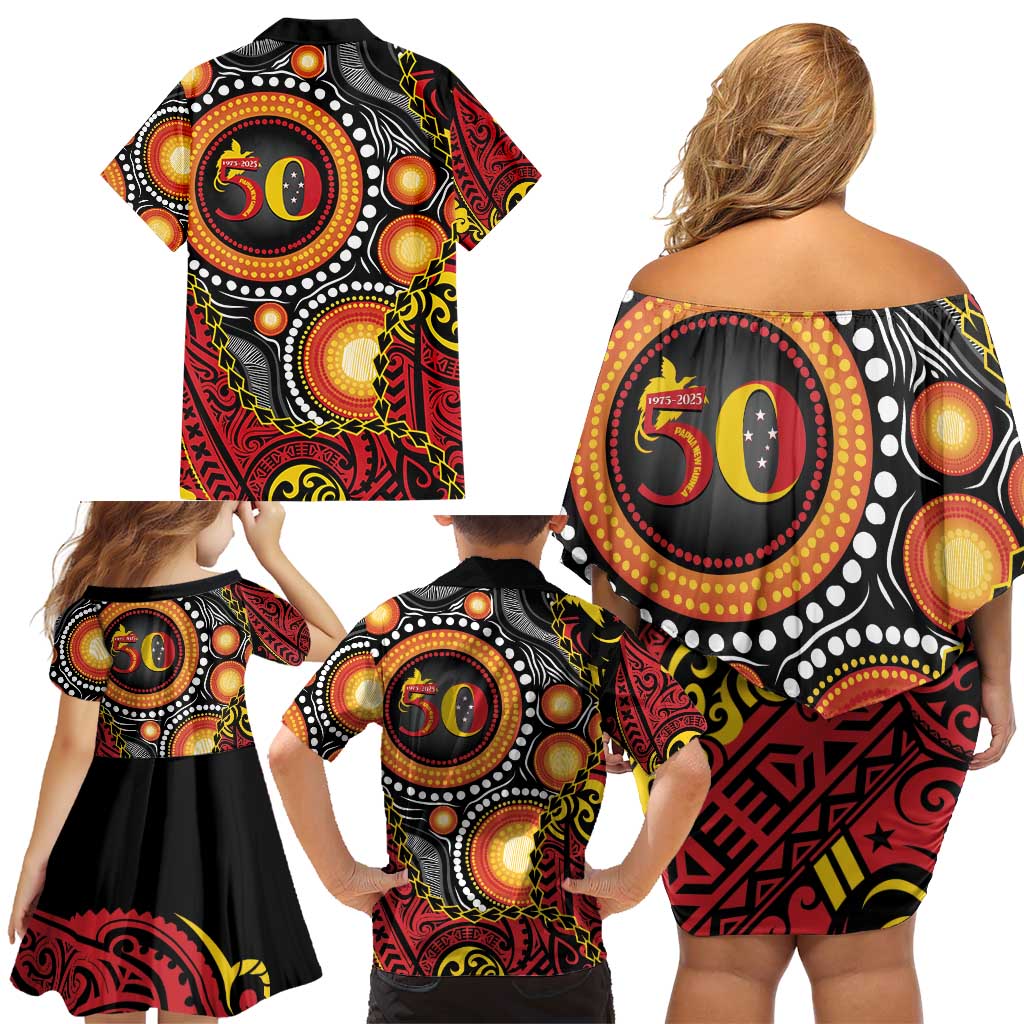 Celebrating 50 Years Papua New Guinea Family Matching Off Shoulder Short Dress and Hawaiian Shirt Aboriginal Mix Papuan Pattern LT14 - Polynesian Pride