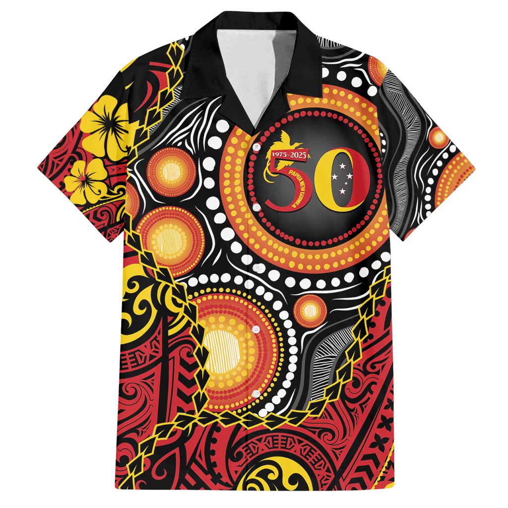 Celebrating 50 Years Papua New Guinea Family Matching Off Shoulder Short Dress and Hawaiian Shirt Aboriginal Mix Papuan Pattern LT14 Dad's Shirt - Short Sleeve Red - Polynesian Pride