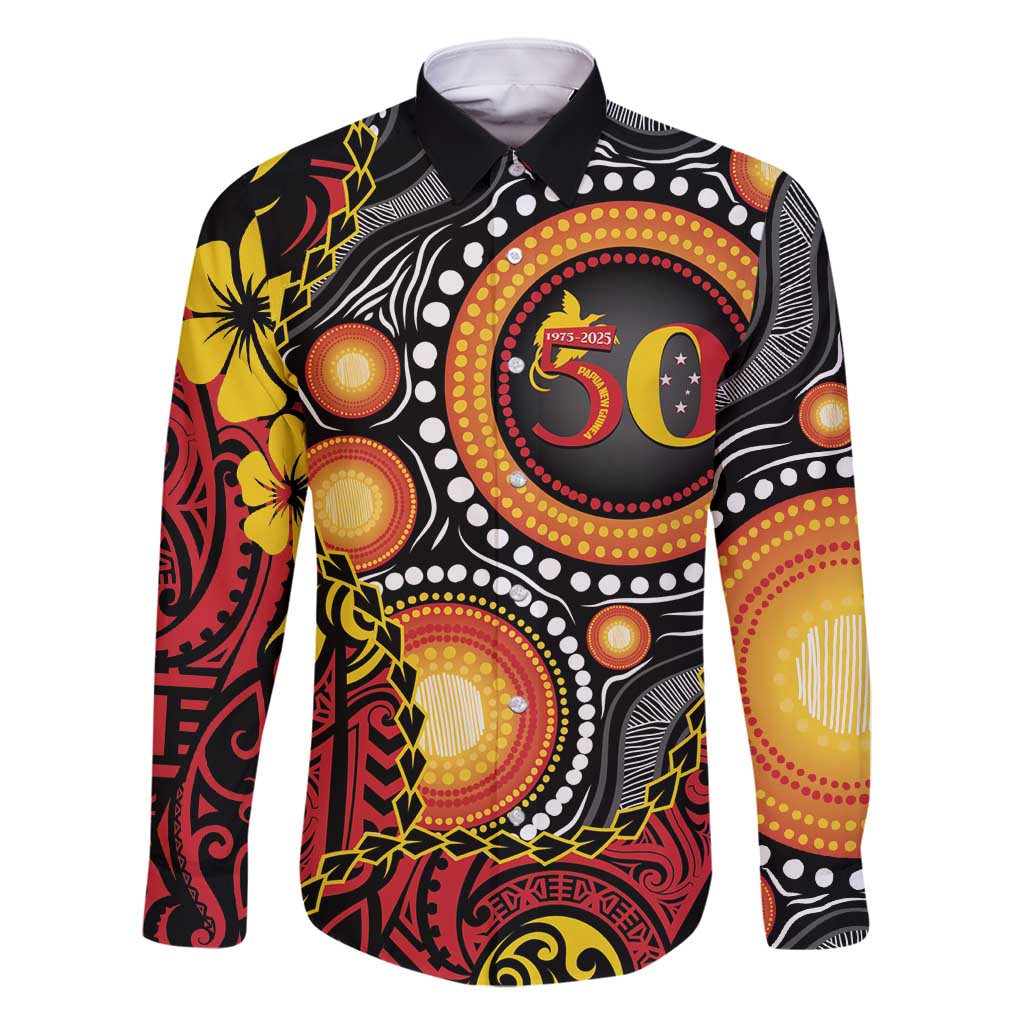 Celebrating 50 Years Papua New Guinea Family Matching Off Shoulder Short Dress and Hawaiian Shirt Aboriginal Mix Papuan Pattern LT14 Dad's Shirt - Long Sleeve Red - Polynesian Pride