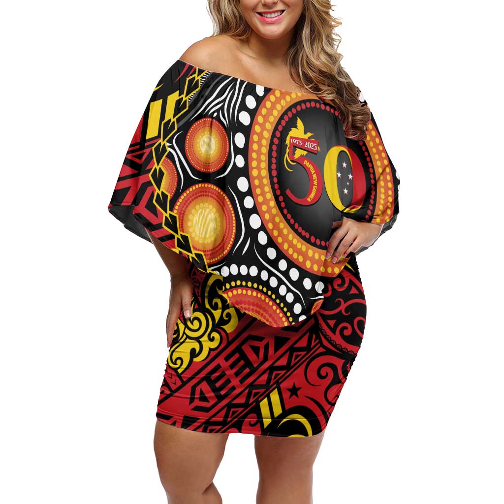 Celebrating 50 Years Papua New Guinea Family Matching Off Shoulder Short Dress and Hawaiian Shirt Aboriginal Mix Papuan Pattern LT14 Mom's Dress Red - Polynesian Pride