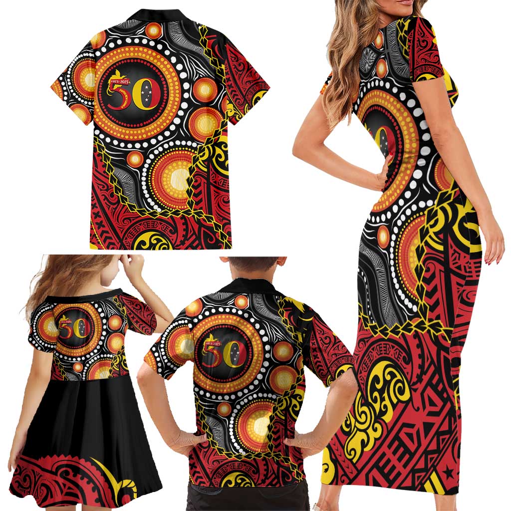 Celebrating 50 Years Papua New Guinea Family Matching Short Sleeve Bodycon Dress and Hawaiian Shirt Aboriginal Mix Papuan Pattern LT14 - Polynesian Pride