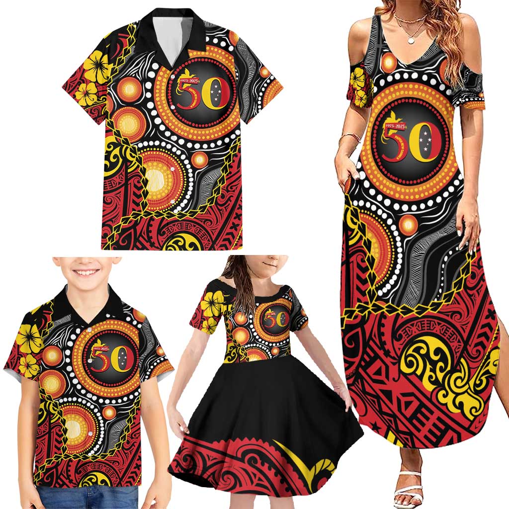 Celebrating 50 Years Papua New Guinea Family Matching Summer Maxi Dress and Hawaiian Shirt Aboriginal Mix Papuan Pattern LT14 - Polynesian Pride