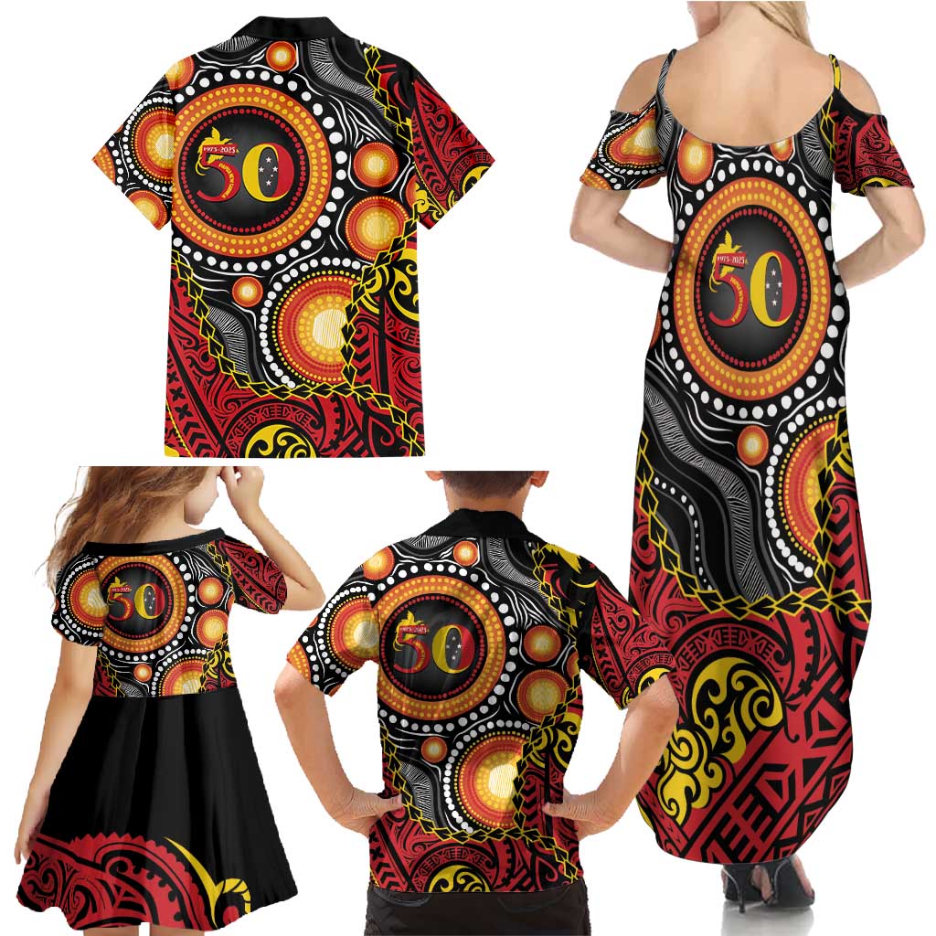 Celebrating 50 Years Papua New Guinea Family Matching Summer Maxi Dress and Hawaiian Shirt Aboriginal Mix Papuan Pattern LT14 - Polynesian Pride