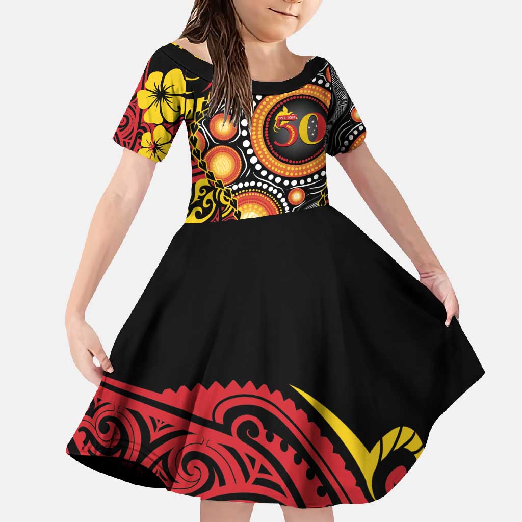 Celebrating 50 Years Papua New Guinea Family Matching Tank Maxi Dress and Hawaiian Shirt Aboriginal Mix Papuan Pattern LT14 Daughter's Dress Red - Polynesian Pride