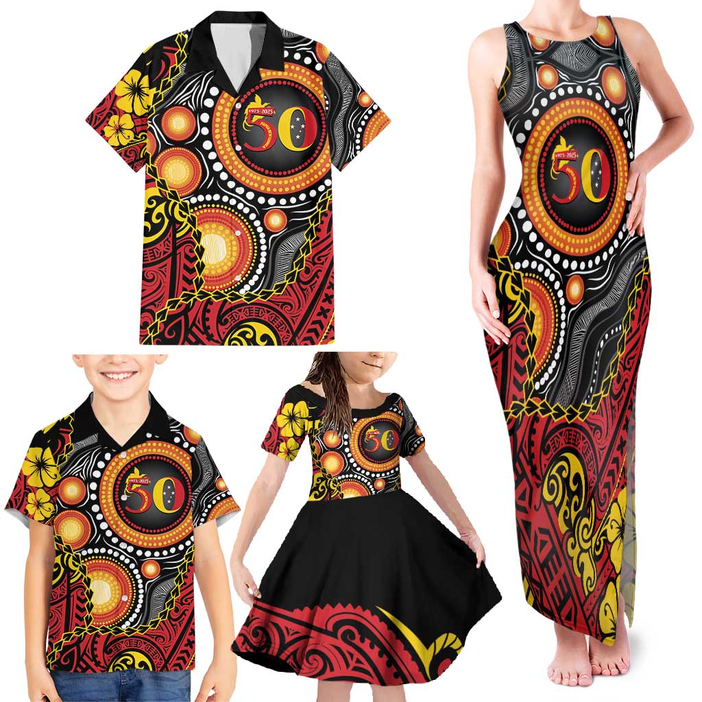 Celebrating 50 Years Papua New Guinea Family Matching Tank Maxi Dress and Hawaiian Shirt Aboriginal Mix Papuan Pattern LT14 - Polynesian Pride