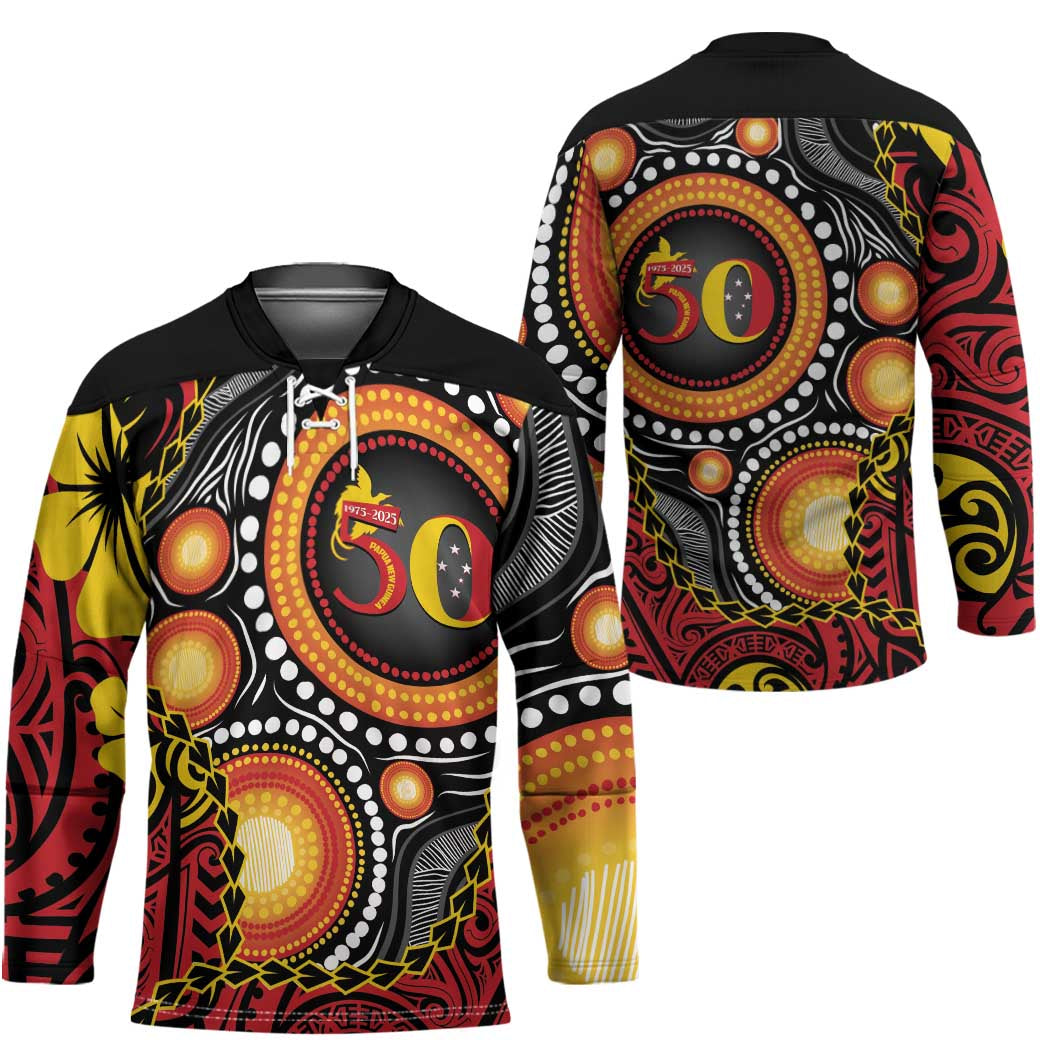 Celebrating 50 Years Papua New Guinea Hockey Jersey Aboriginal Mix Papuan Pattern - Polynesian Pride
