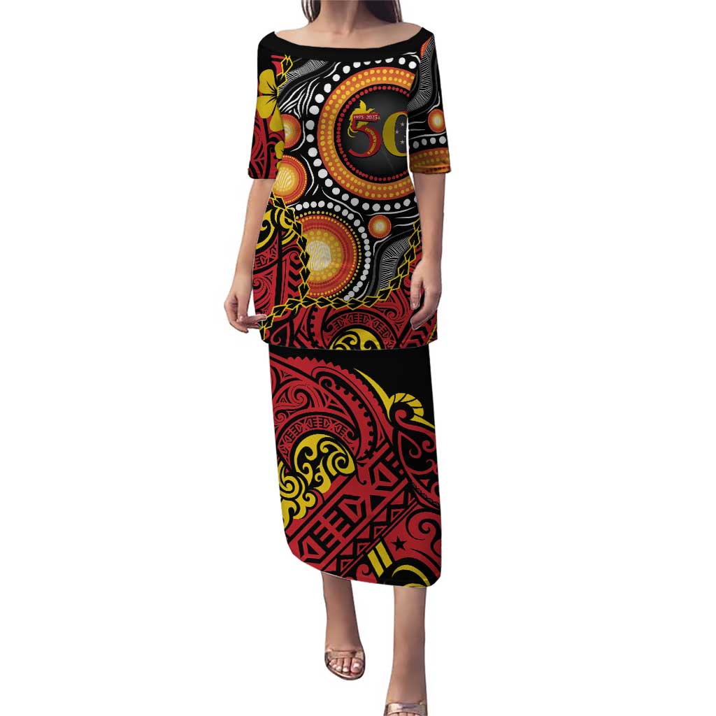 Celebrating 50 Years Papua New Guinea Puletasi Aboriginal Mix Papuan Pattern - Polynesian Pride