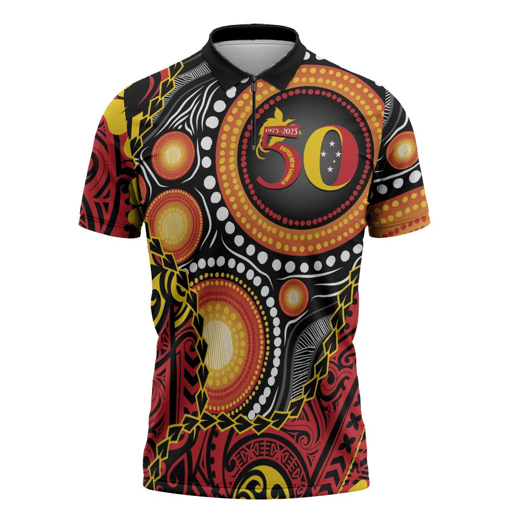 Celebrating 50 Years Papua New Guinea Zipper Polo Shirt Aboriginal Mix Papuan Pattern - Polynesian Pride