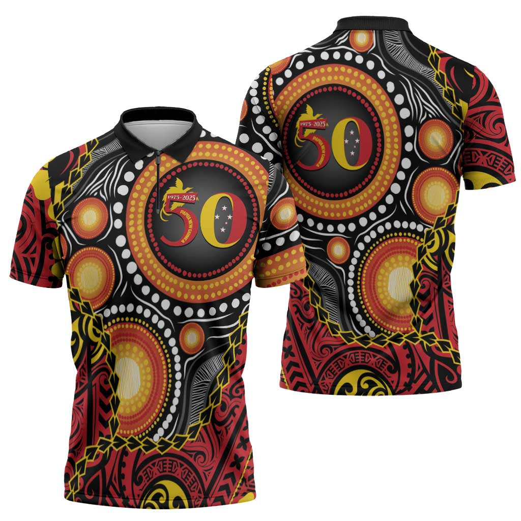 Celebrating 50 Years Papua New Guinea Zipper Polo Shirt Aboriginal Mix Papuan Pattern - Polynesian Pride