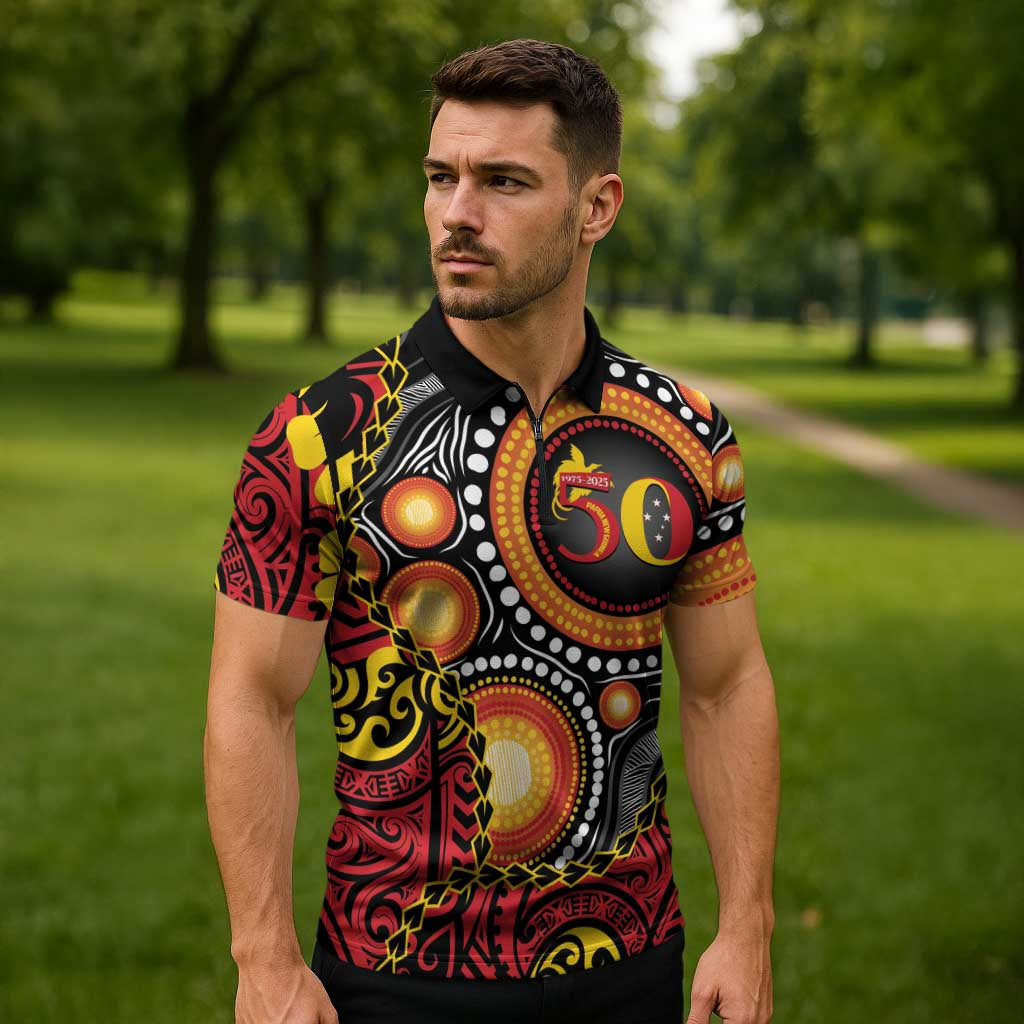 Celebrating 50 Years Papua New Guinea Zipper Polo Shirt Aboriginal Mix Papuan Pattern - Polynesian Pride