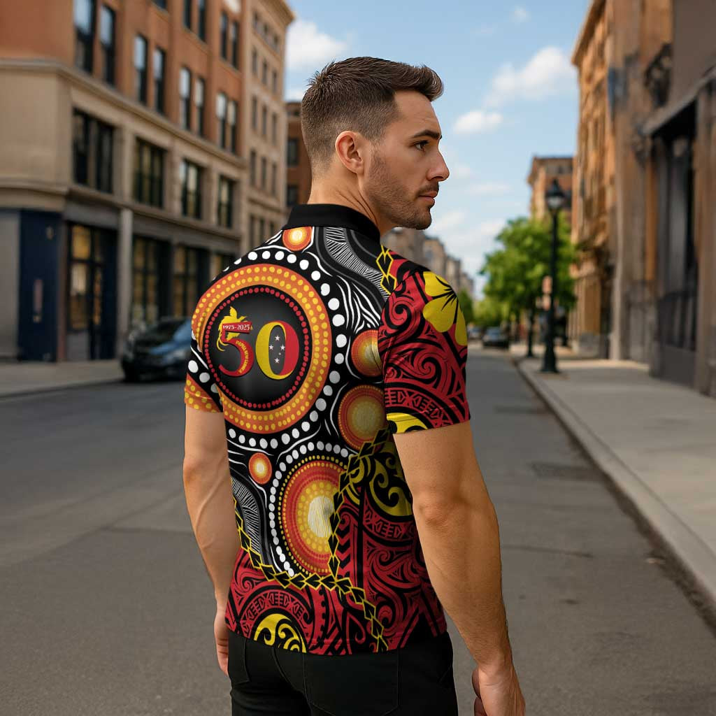 Celebrating 50 Years Papua New Guinea Zipper Polo Shirt Aboriginal Mix Papuan Pattern - Polynesian Pride