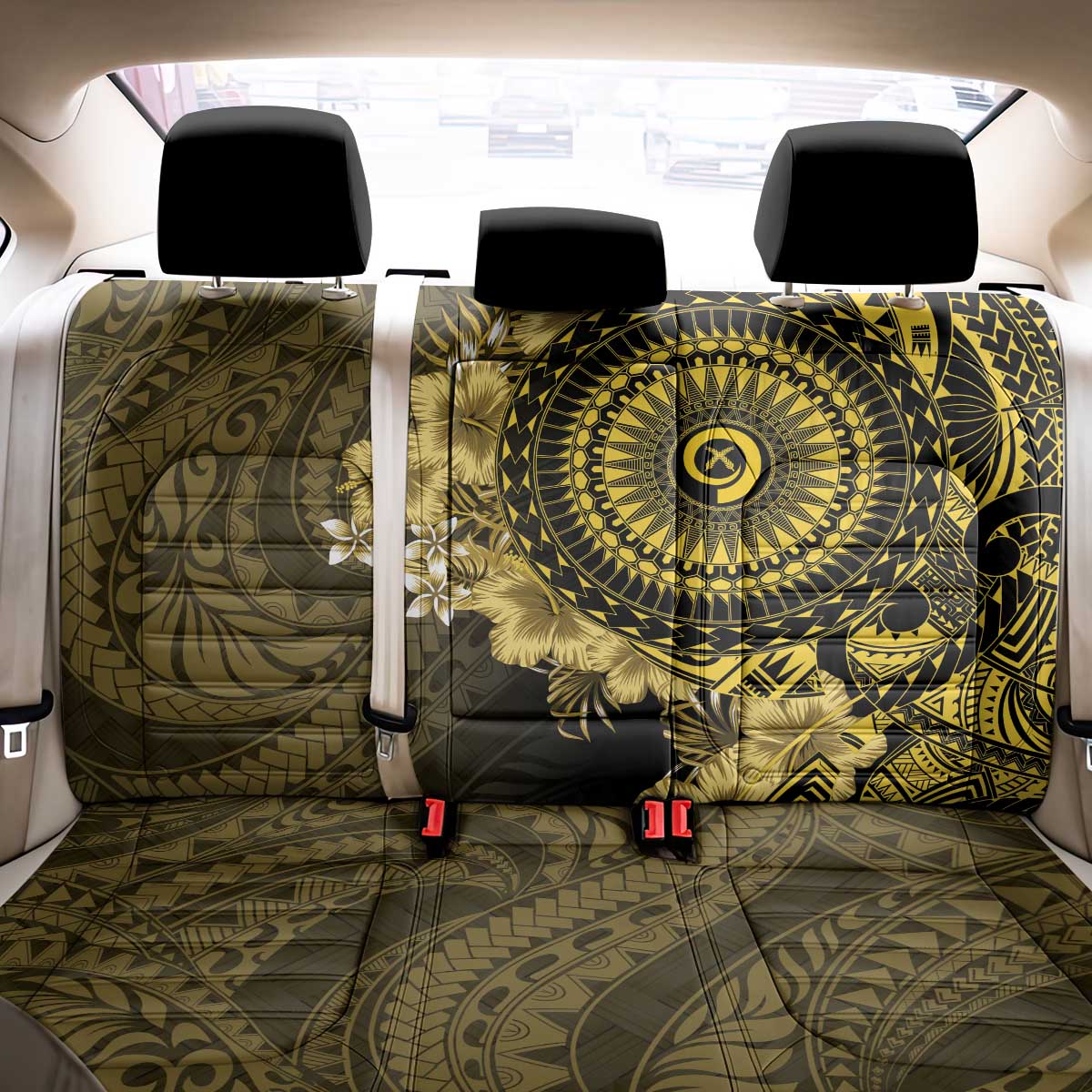 Vanuatu Back Car Seat Cover Hibisus Polynesian Pattern Gold - Polynesian Pride