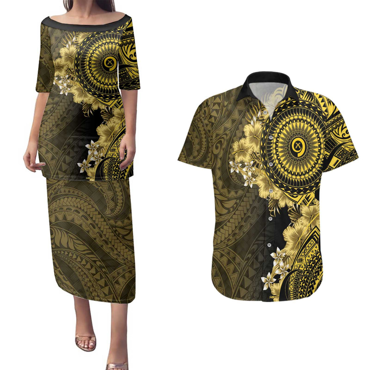 Vanuatu Couples Matching Puletasi and Hawaiian Shirt Hibisus Polynesian Pattern Gold - Polynesian Pride