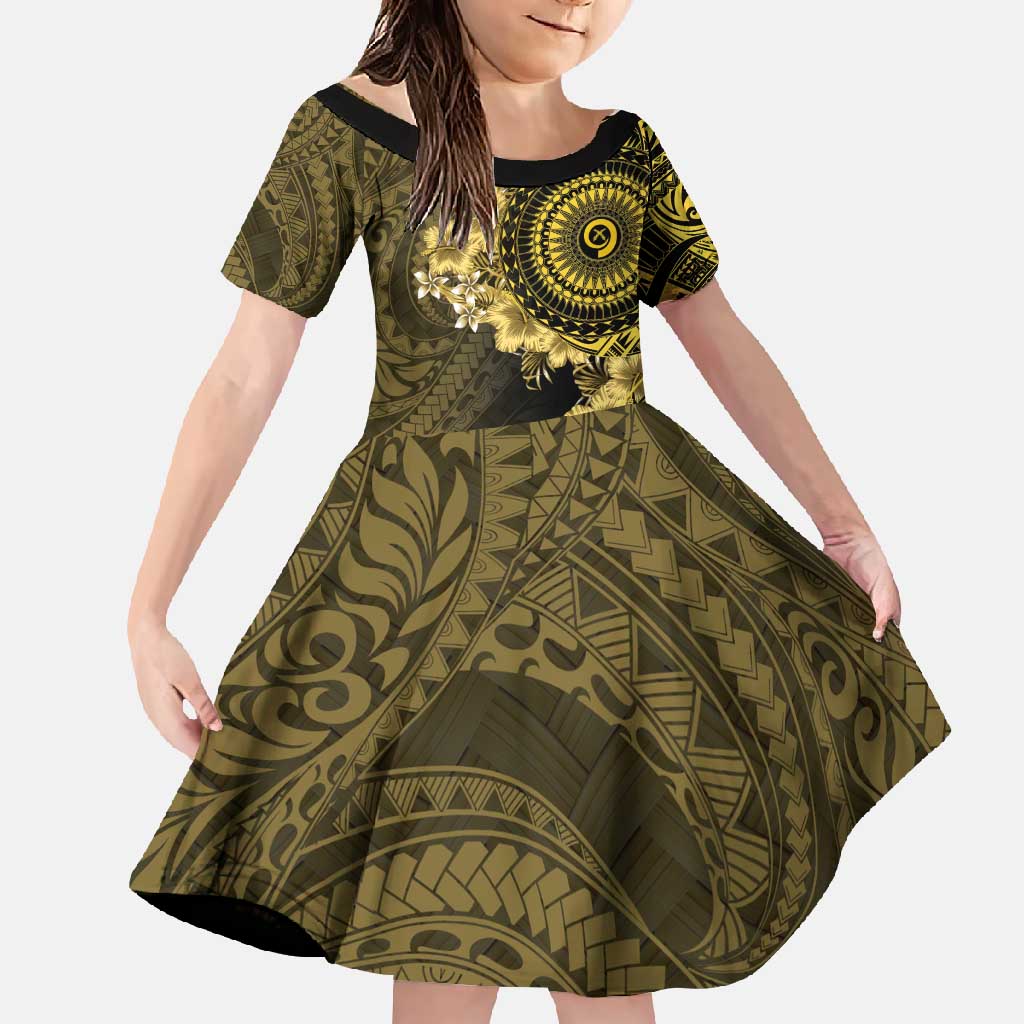 Vanuatu Family Matching Short Sleeve Bodycon Dress and Hawaiian Shirt Hibisus Polynesian Pattern Gold - Polynesian Pride