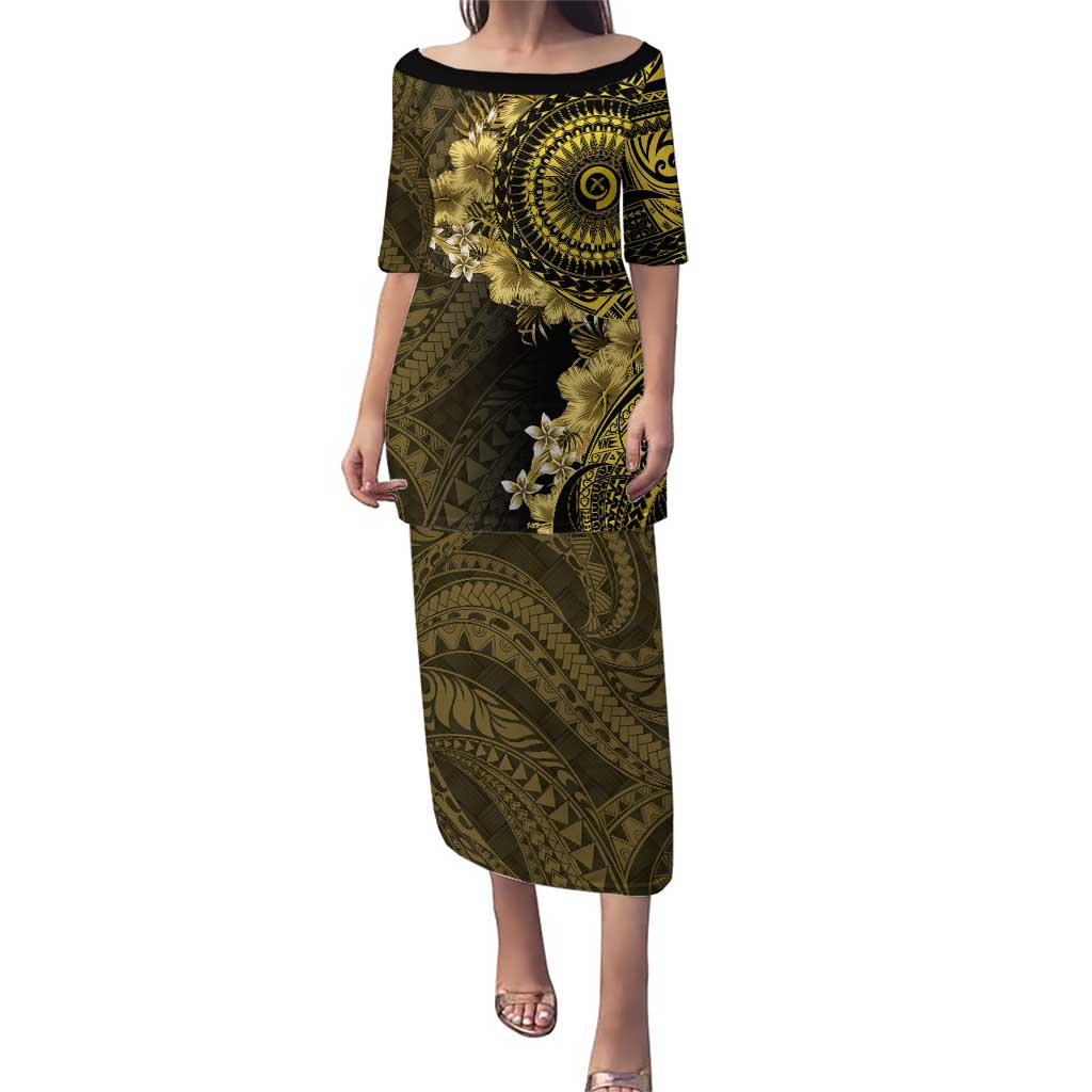 Vanuatu Puletasi Hibisus Polynesian Pattern Gold - Polynesian Pride